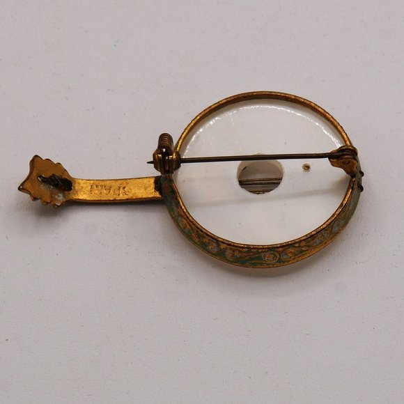 Vintage Spanish Stringed Banjo Pearly Center Green Enamel Brass Tone Brooch - Picture 11 of 13